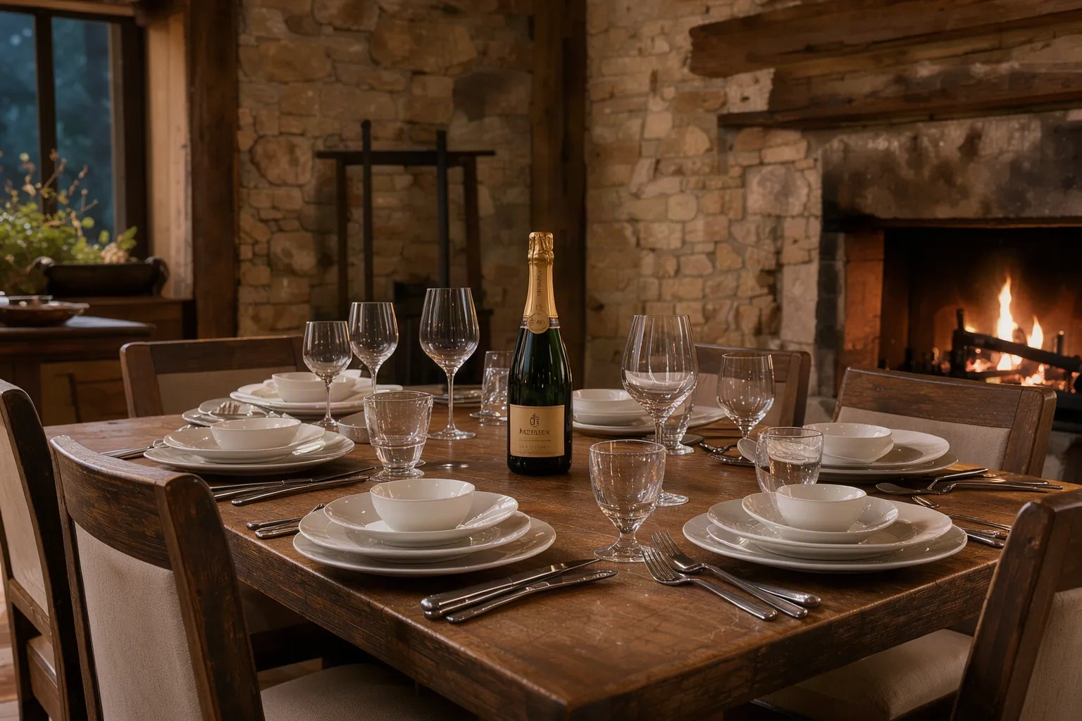 Table d'hôte dressée près d'un feu de bois